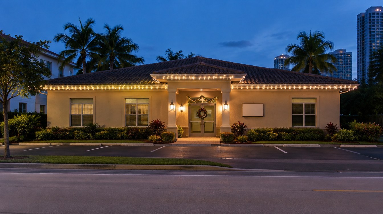 Tasteful office lighting AI-created design concept of a South Florida tasteful office lighting with restrained warm white Christmas lights; lighting inspiration for Brickell, Florida, by Mr. Christmas Lights