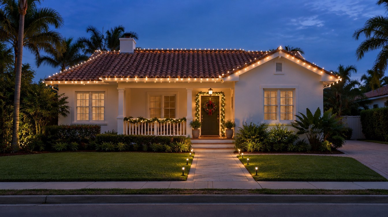 After lighting design — Coconut Grove AI-created after Christmas lighting design concept: same South Florida home, Coconut Grove lighting inspiration from Mr. Christmas Lights