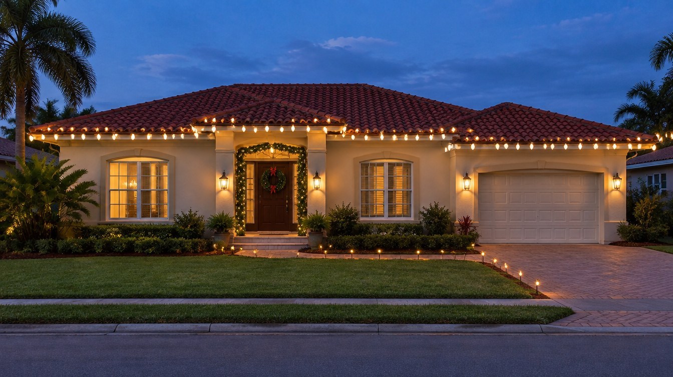After lighting design — Coral Gables AI-created after Christmas lighting design concept: same South Florida home, Coral Gables lighting inspiration from Mr. Christmas Lights