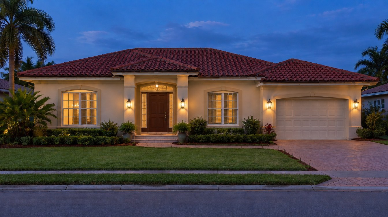 Before lighting design — Coral Gables AI-created before Christmas lighting design concept: same South Florida home, Coral Gables lighting inspiration from Mr. Christmas Lights