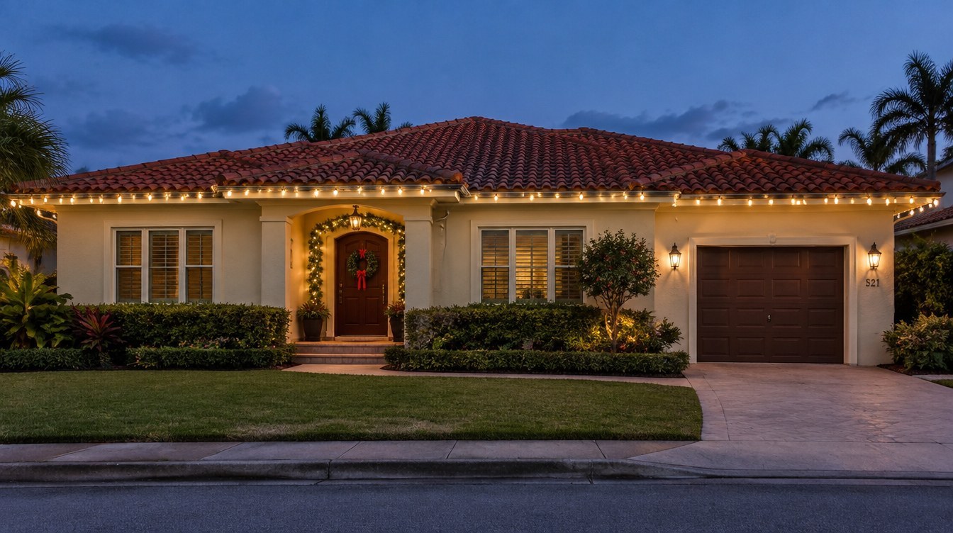 Classic tiled-roof home AI-created design concept of a South Florida classic tiled-roof home with restrained warm white Christmas lights; lighting inspiration for Coral Gables, Florida, by Mr. Christmas Lights