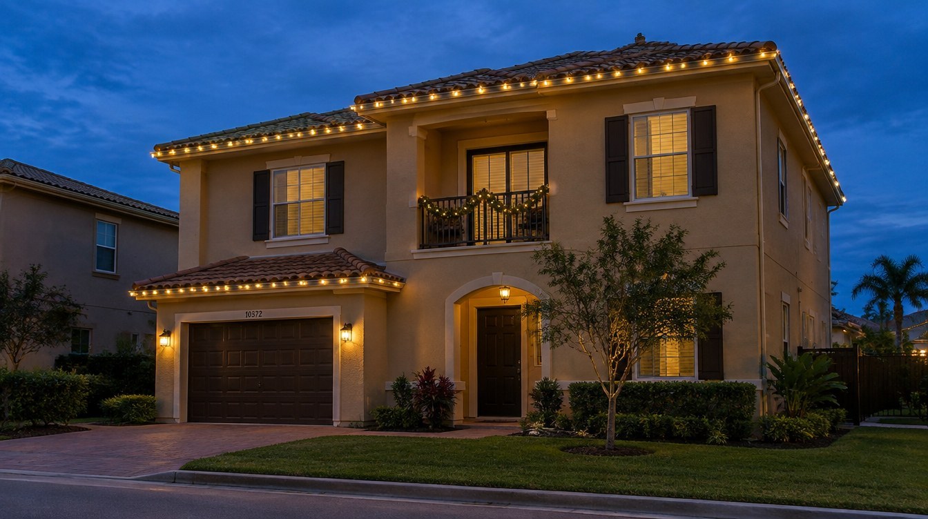 A classic two-story display AI-created design concept of a South Florida a classic two-story display with restrained warm white Christmas lights; lighting inspiration for Doral, Florida, by Mr. Christmas Lights