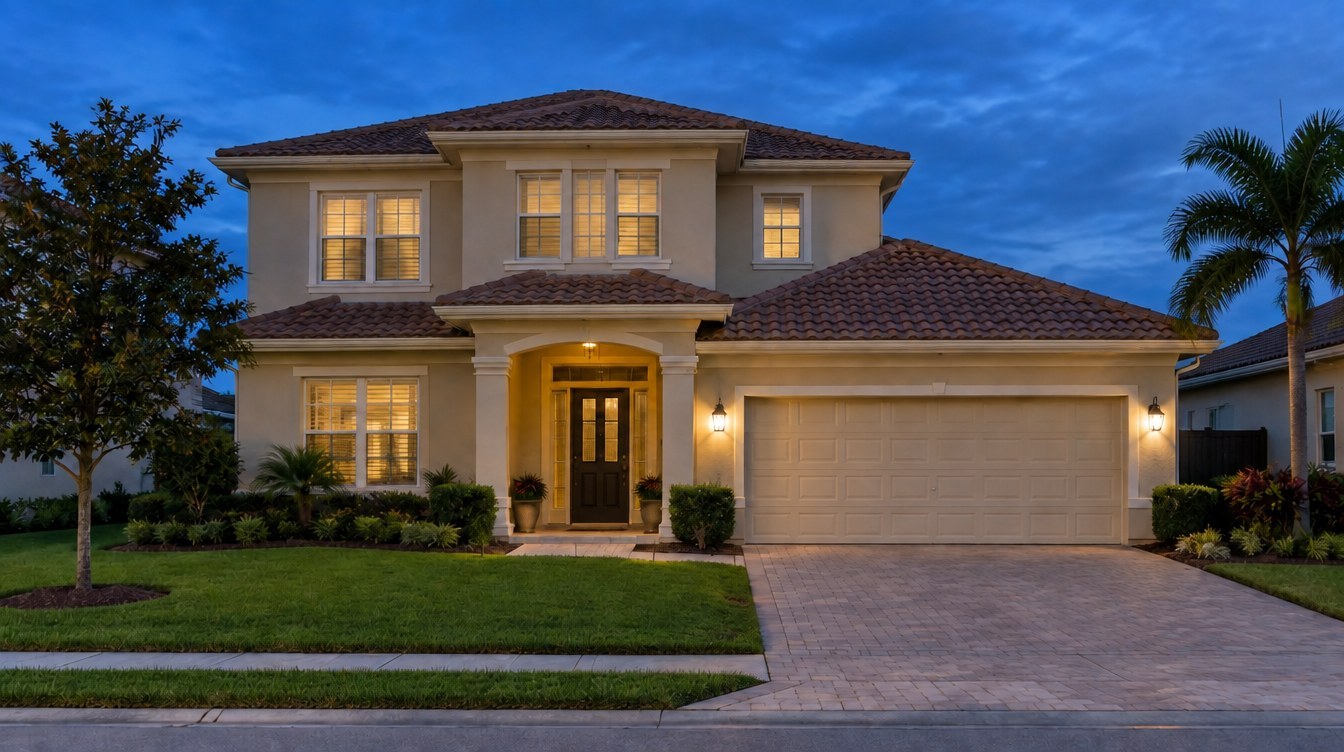 Before lighting design — Kendall AI-created before Christmas lighting design concept: same South Florida home, Kendall lighting inspiration from Mr. Christmas Lights
