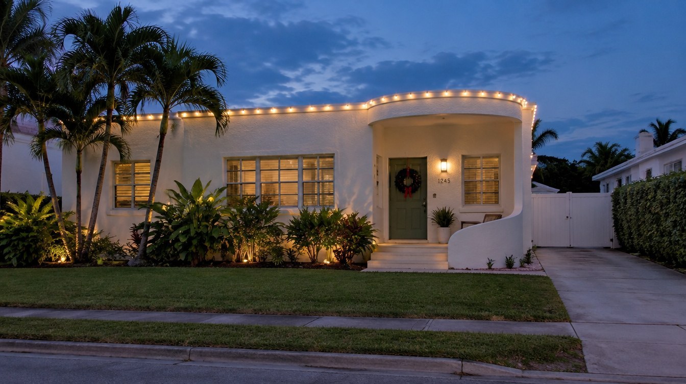 Tropical Art Deco style AI-created design concept of a South Florida tropical art deco style with restrained warm white Christmas lights; lighting inspiration for Miami Beach, Florida, by Mr. Christmas Lights