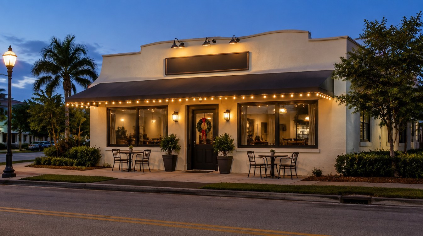A warm welcome for customers AI-created design concept of a South Florida a warm welcome for customers with restrained warm white Christmas lights; lighting inspiration for Miami, Florida, by Mr. Christmas Lights