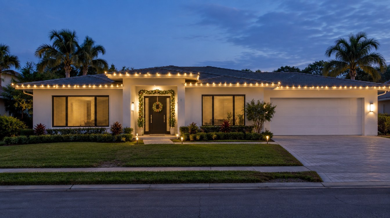 After lighting design — South Miami AI-created after Christmas lighting design concept: same South Florida home, South Miami lighting inspiration from Mr. Christmas Lights