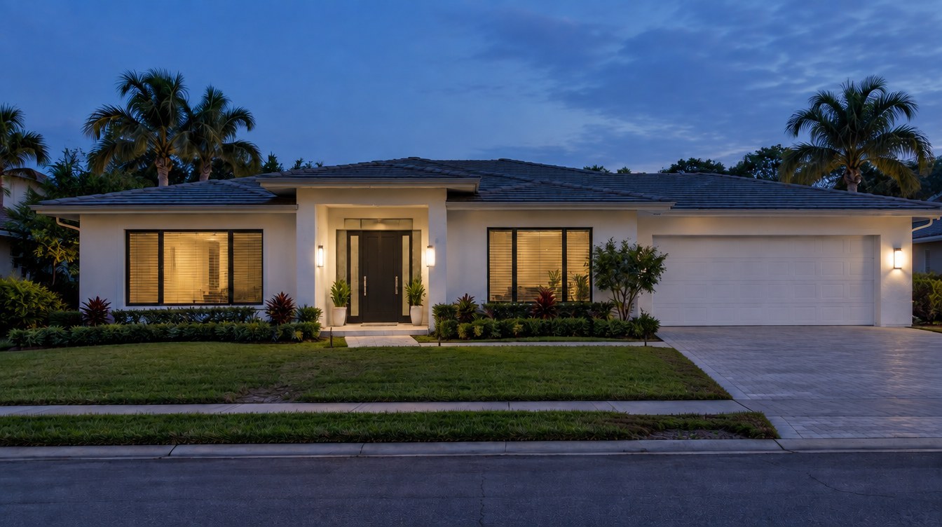 Before lighting design — South Miami AI-created before Christmas lighting design concept: same South Florida home, South Miami lighting inspiration from Mr. Christmas Lights