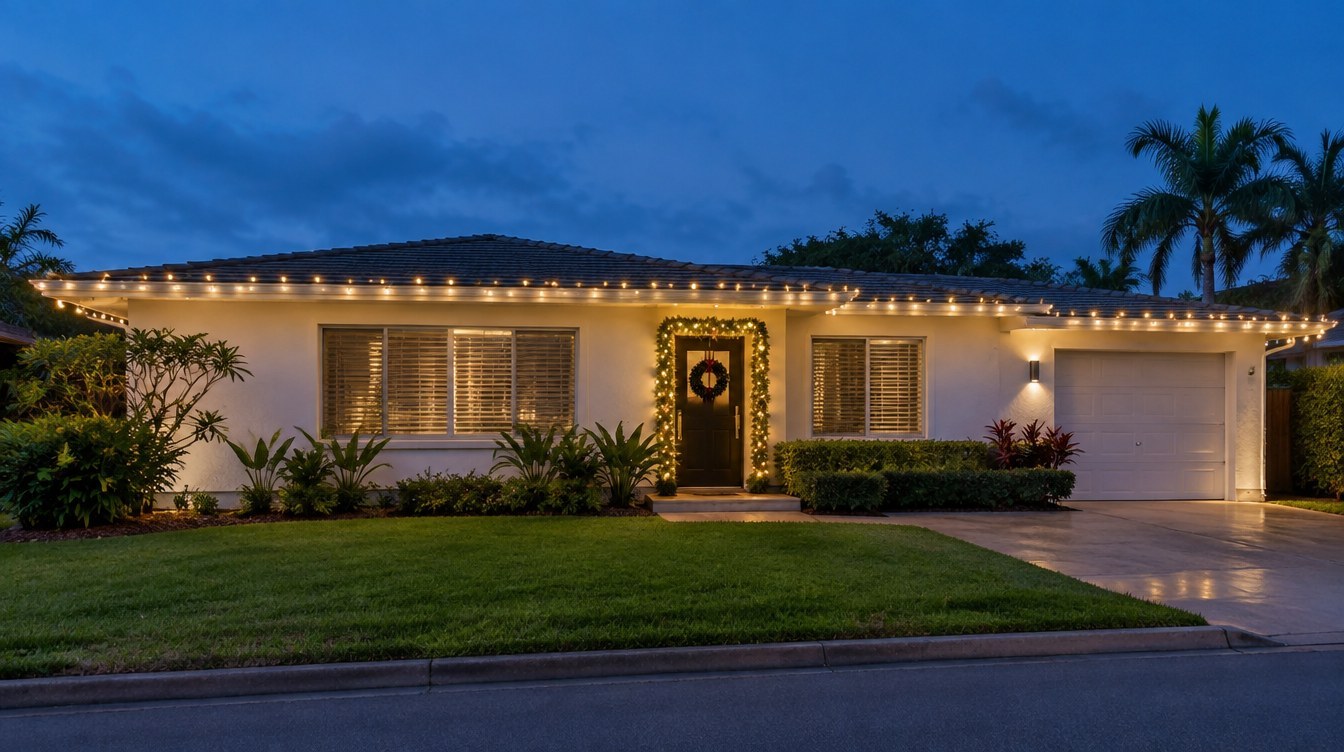 Simple single-story roofline AI-created design concept of a South Florida simple single-story roofline with restrained warm white Christmas lights; lighting inspiration for South Miami, Florida, by Mr. Christmas Lights