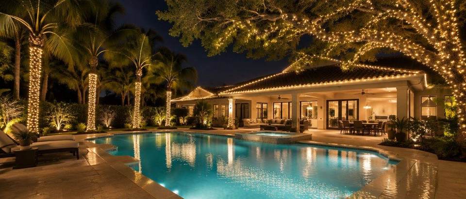 Backyard pool Christmas lights, Palmetto Bay Palmetto Bay, Miami backyard pool deck with palms and roofline lit in warm white Christmas lights by Mr. Christmas Lights