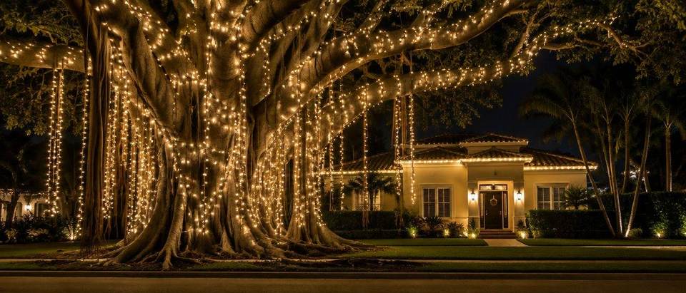 Banyan tree Christmas lights, Coral Way Banyan tree wrapped in warm white Christmas lights on Coral Way, Miami, installed by Mr. Christmas Lights