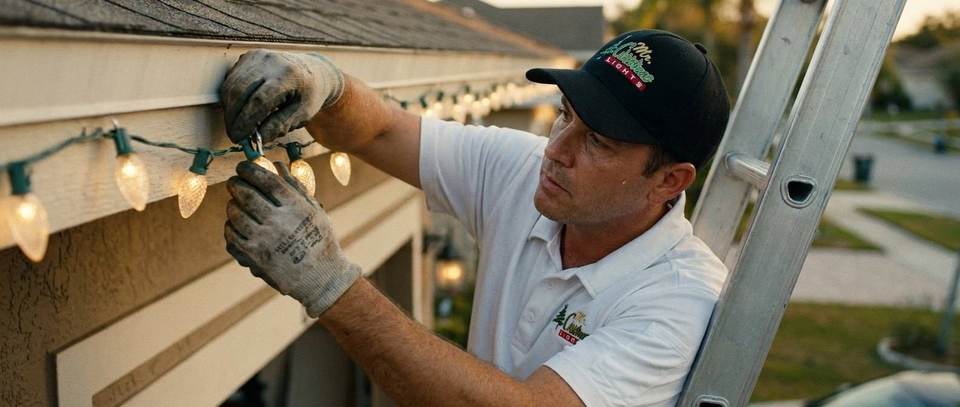 Roofline Christmas light installation, Miami Mr. Christmas Lights installer on a ladder clipping warm white roofline Christmas lights on a Miami home