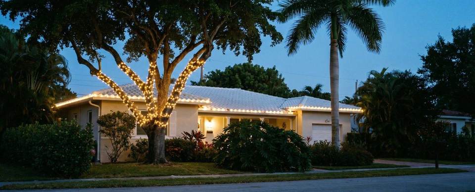 1940s home with lit shade tree, Coral Way: warm white Christmas lighting idea for Coral Way, FL from Mr. Christmas Lights, (786) 228-6649