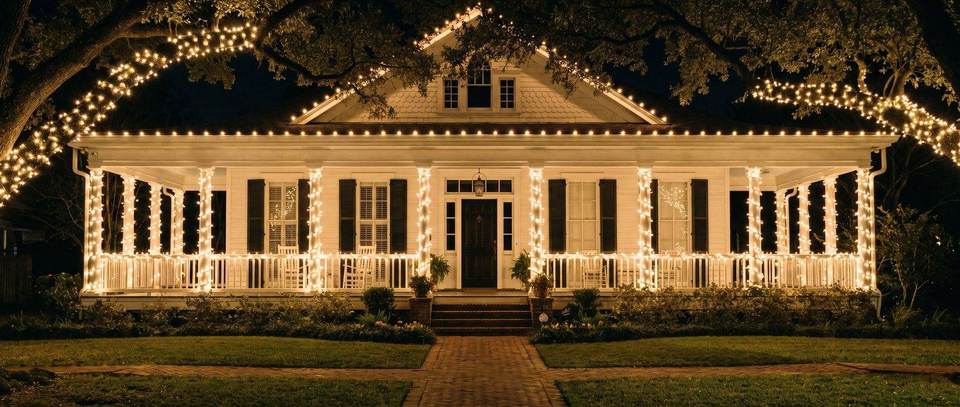 Bahamian-style home, Coconut Grove, Miami: warm white Christmas lighting idea for Coconut Grove, FL from Mr. Christmas Lights, (786) 228-6649