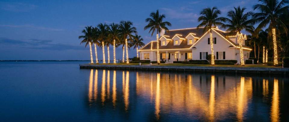 Bayfront palms, Coconut Grove, Miami: warm white Christmas lighting idea for Coconut Grove, FL from Mr. Christmas Lights, (786) 228-6649