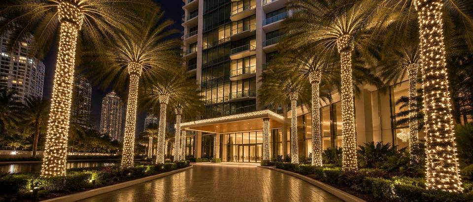 Palm tree Christmas lights, Brickell condo entrance Brickell, Miami condo entrance with palm trees wrapped in warm white Christmas lights by Mr. Christmas Lights, (786) 228-6649