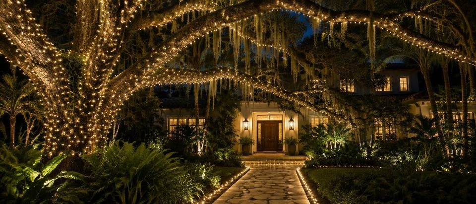 Oak canopy Christmas lights, Coconut Grove Coconut Grove, Miami home with a live oak canopy and walkway lit in warm white Christmas lights by Mr. Christmas Lights