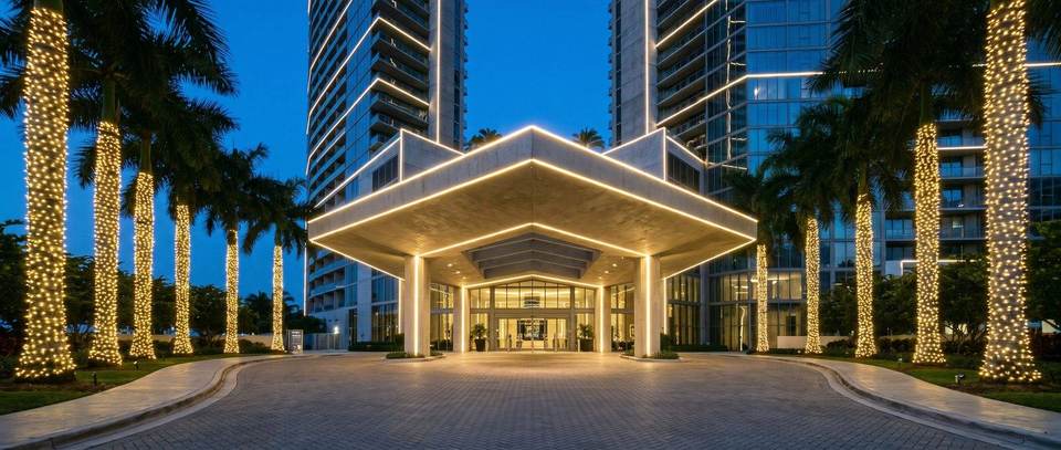 Condo entrance palms, Brickell, Miami: warm white Christmas lighting idea for Brickell, FL from Mr. Christmas Lights, (786) 228-6649