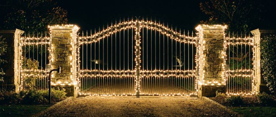 Gated entrance lights, Pinecrest: warm white Christmas lighting idea for Pinecrest, FL from Mr. Christmas Lights, (786) 228-6649