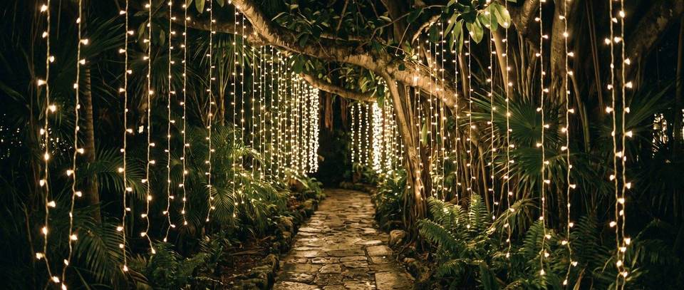 Hanging curtain lights over a garden path, Coconut Grove: warm white Christmas lighting idea for Coconut Grove, FL from Mr. Christmas Lights, (786) 228-6649