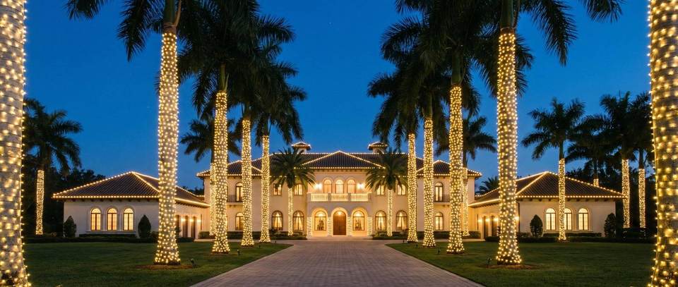 Mediterranean Revival estate, Coral Gables: warm white Christmas lighting idea for Coral Gables, FL from Mr. Christmas Lights, (786) 228-6649