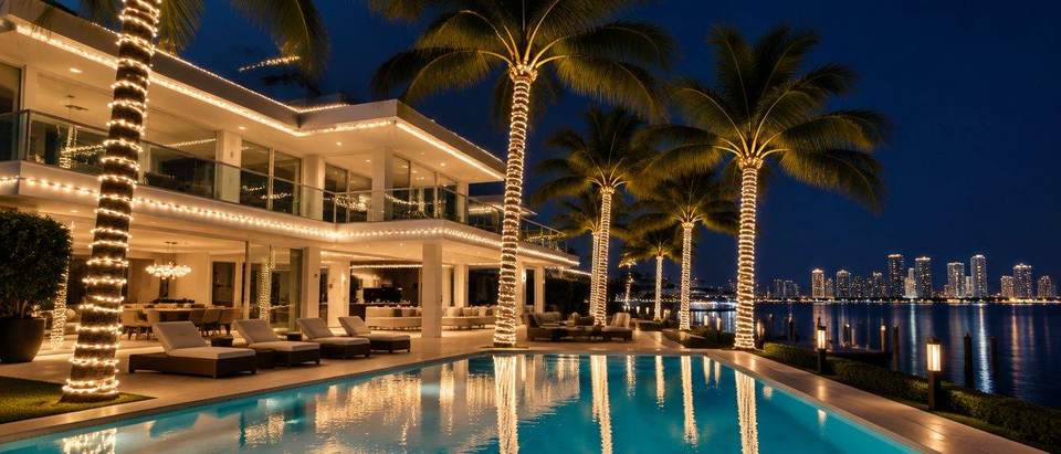 Christmas lights, Miami Beach waterfront home Miami Beach waterfront home with warm white roofline and palm tree Christmas lights, Mr. Christmas Lights installation