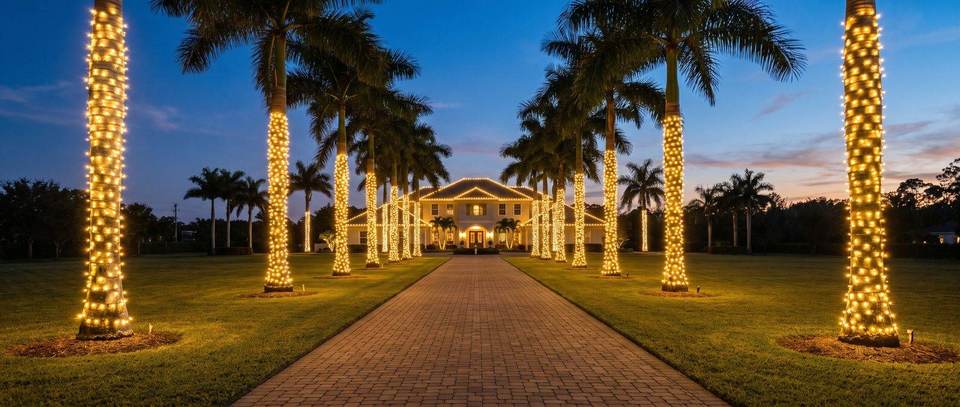 Palm-lined driveway, Pinecrest estate: warm white Christmas lighting idea for Pinecrest, FL from Mr. Christmas Lights, (786) 228-6649