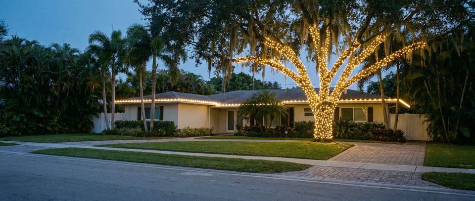 Ranch home with lit oak, South Miami: warm white Christmas lighting idea for South Miami, FL from Mr. Christmas Lights, (786) 228-6649