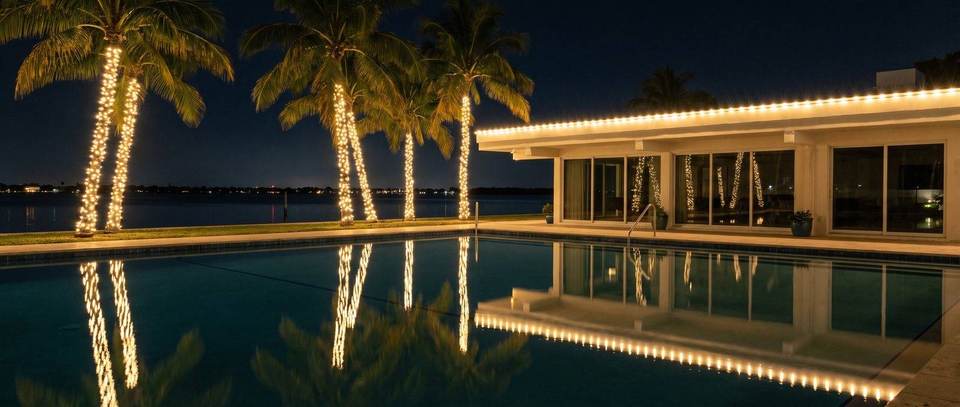 Waterfront pool deck, Miami Beach: warm white Christmas lighting idea for Miami Beach, FL from Mr. Christmas Lights, (786) 228-6649