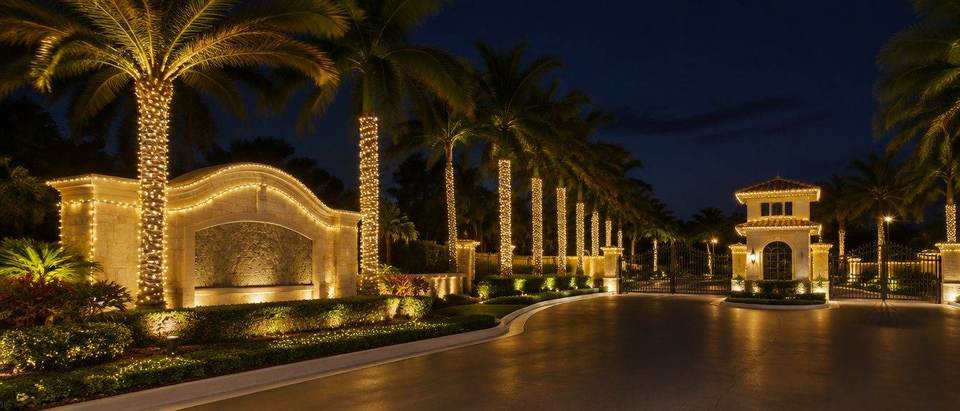 HOA entrance Christmas lights, Miami-Dade Gated HOA community entrance in Miami-Dade with palms and gatehouse lit in warm white Christmas lights by Mr. Christmas Lights