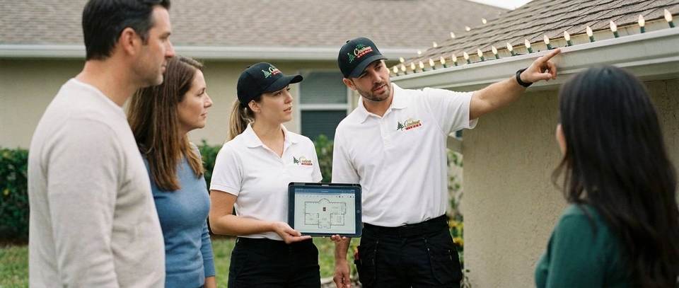 Free Christmas lighting design consultation Mr. Christmas Lights installers reviewing a Christmas lighting plan on a tablet with Miami homeowners