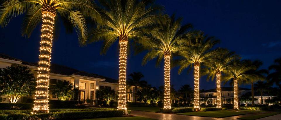 Palm tree wrap Christmas lights, Miami Royal palm trees wrapped base up the trunk in warm white Christmas lights in Miami by Mr. Christmas Lights