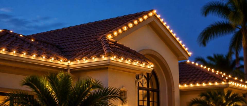 Roofline Christmas light installation, Miami Professional roofline Christmas light installation on a Miami home, warm white lights, Mr. Christmas Lights (786) 228-6649