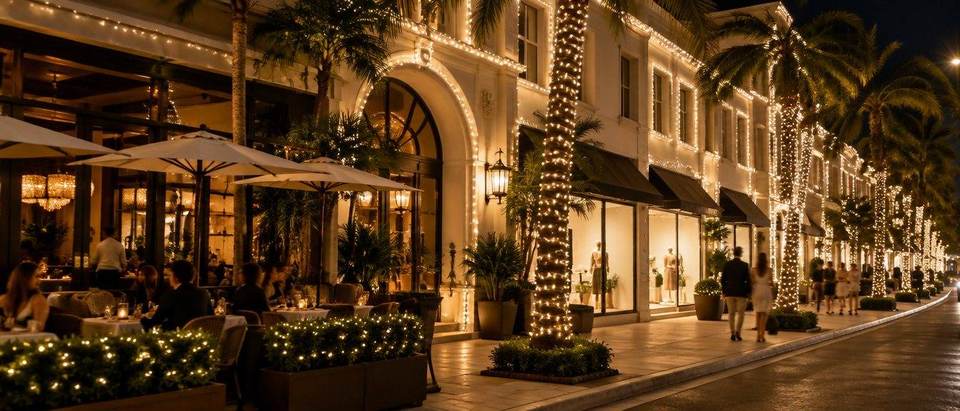 Storefront Christmas lights, Miami business Miami restaurant and boutique storefronts with palms and facades lit in warm white Christmas lights by Mr. Christmas Lights