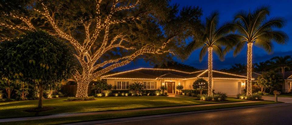 Tree and palm Christmas lights, Kendall Kendall, Miami family home with warm white tree wrap, palm wrap and roofline Christmas lights by Mr. Christmas Lights